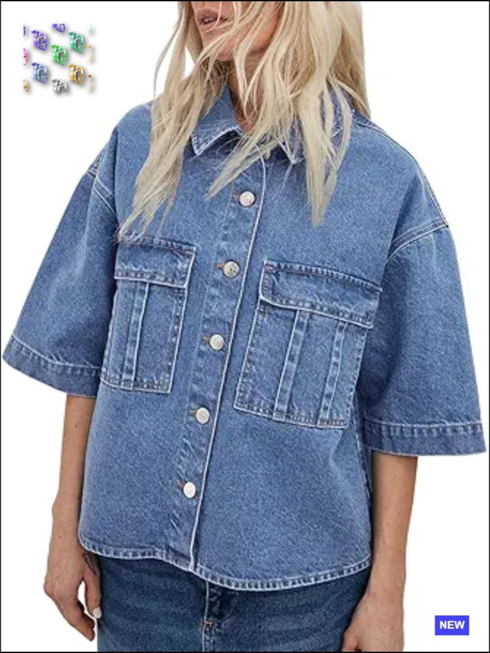 Oversized Short Sleeve Denim Jacket Trendy Cropped Jean Top Y2K Vintage Button